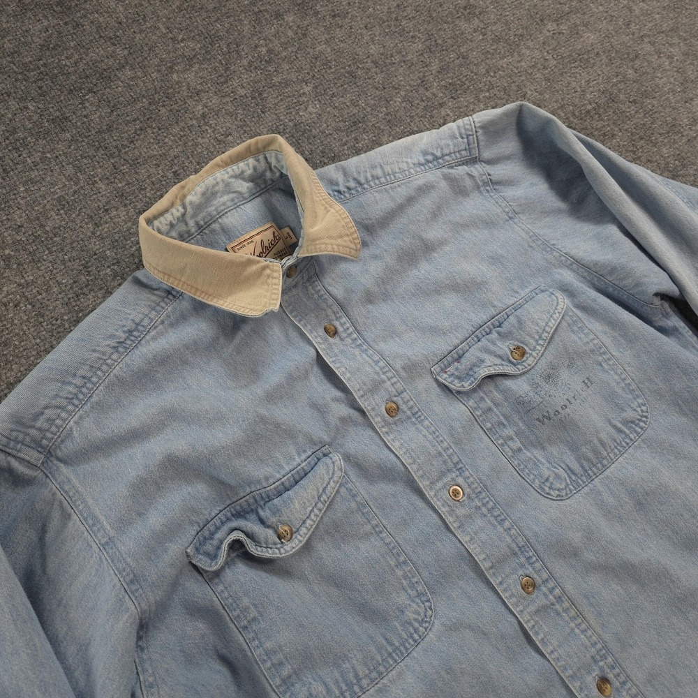 Vintage Woolrich Shirt Mens LT Denim World Travel Adventures Elbow Patch Graphic